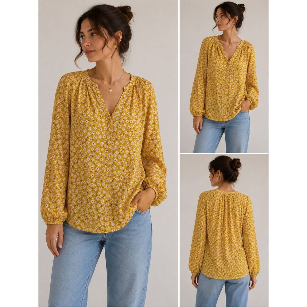Old Navy Women’s Yellow Floral Blouse Size XL Rayon Long Sleeve Boho Peasant Top